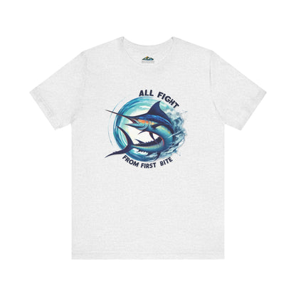 A terracotta-colored unisex Marlin All Fight from First Bite t-shirt featuring a dynamic graphic of a leaping marlin within a circular blue swirl. The text "all fight from first bite" circles the top of the design.