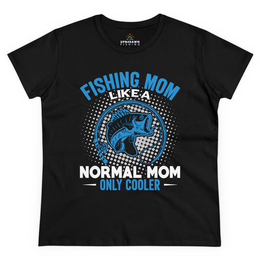 A black Fishing Mom Like a Normal Mom Only Cooler - Women's Cut T-Shirt with a graphic design featuring the text "fishing mom like a normal mom only cooler" around an illustration of a fish and stylized water elements in blue and white
