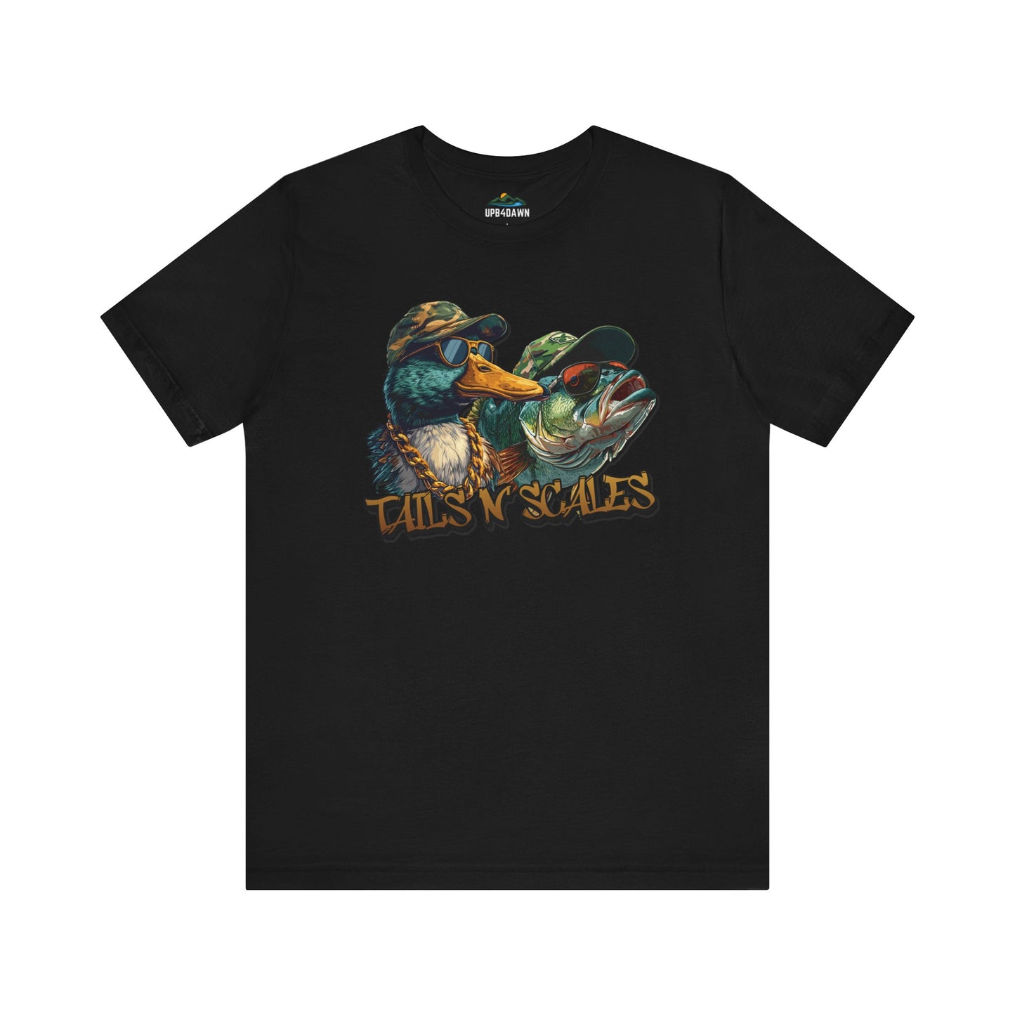 A Tails and Scales - T-Shirt with a colorful print of two ducks dressed in hip-hop style, sporting sunglasses and caps, with the words "wings 'n scales" below them, perfect as outdoor adventure apparel.