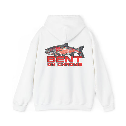 Back view of a gray Bent On Chrome - Red Salmon Logo - Cotton/Poly Blend Hoodie with a graphic design featuring a red and black fish and the text "Bent on Chrome" in red and white font.