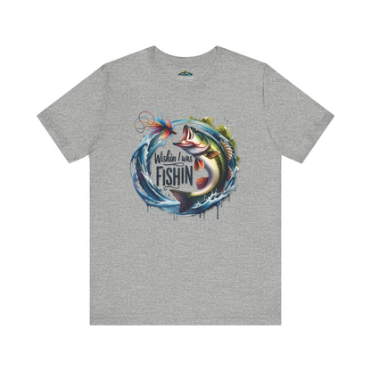 A terracotta-colored unisex Wishin' I was Fishin' - T-Shirt featuring a colorful graphic with bass fish and aquatic elements encircled by a rope.