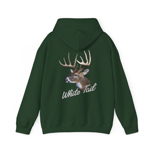 White-Tail Hunter's Tribute hoodie with a graphic of a deer head and the words "white tail" printed below it on the back. The hoodie has a hood and is displayed against a white background.