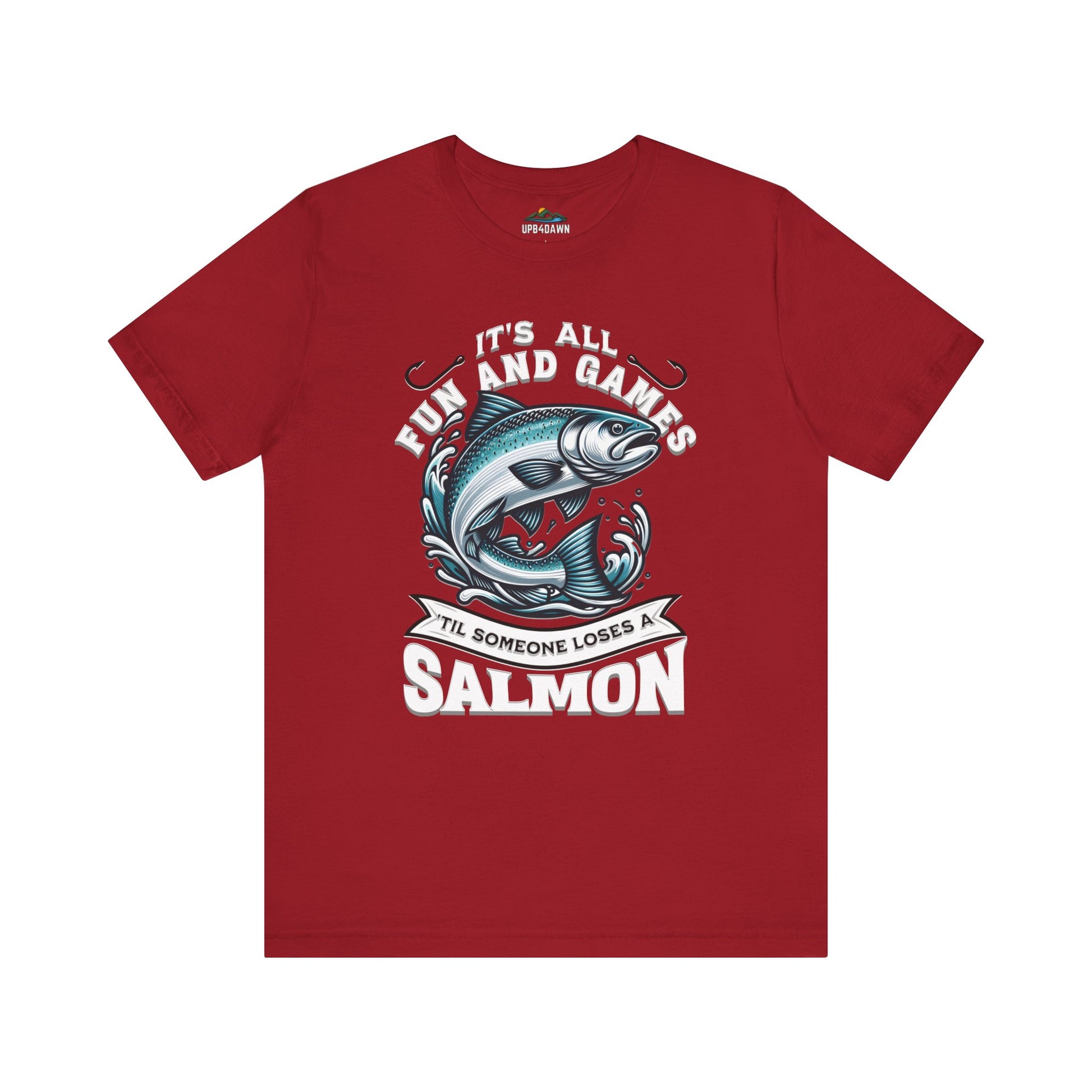 Navy blue "It's All Fun and Games Until Someone Loses a Salmon" t-shirt featuring a graphic with the phrase "it's all fun and games 'til someone loses a salmon" encircling an illustration of a large salmon leaping through water.