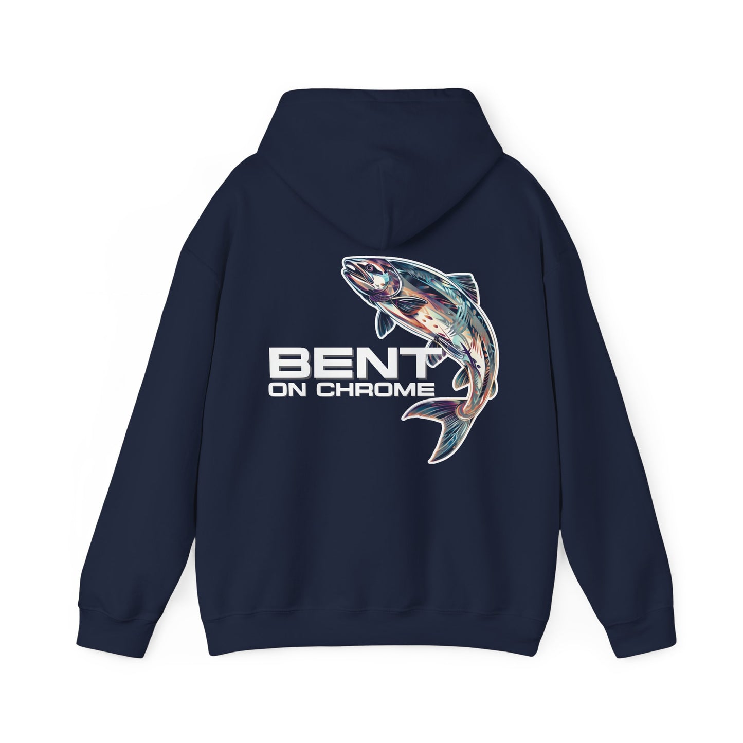 A Bent On Chrome - Silver Salmon - Cotton/Poly Blend Hoodie featuring a colorful graphic of a fish, with the text "Bent On Chrome" underneath, displayed on a white background.
