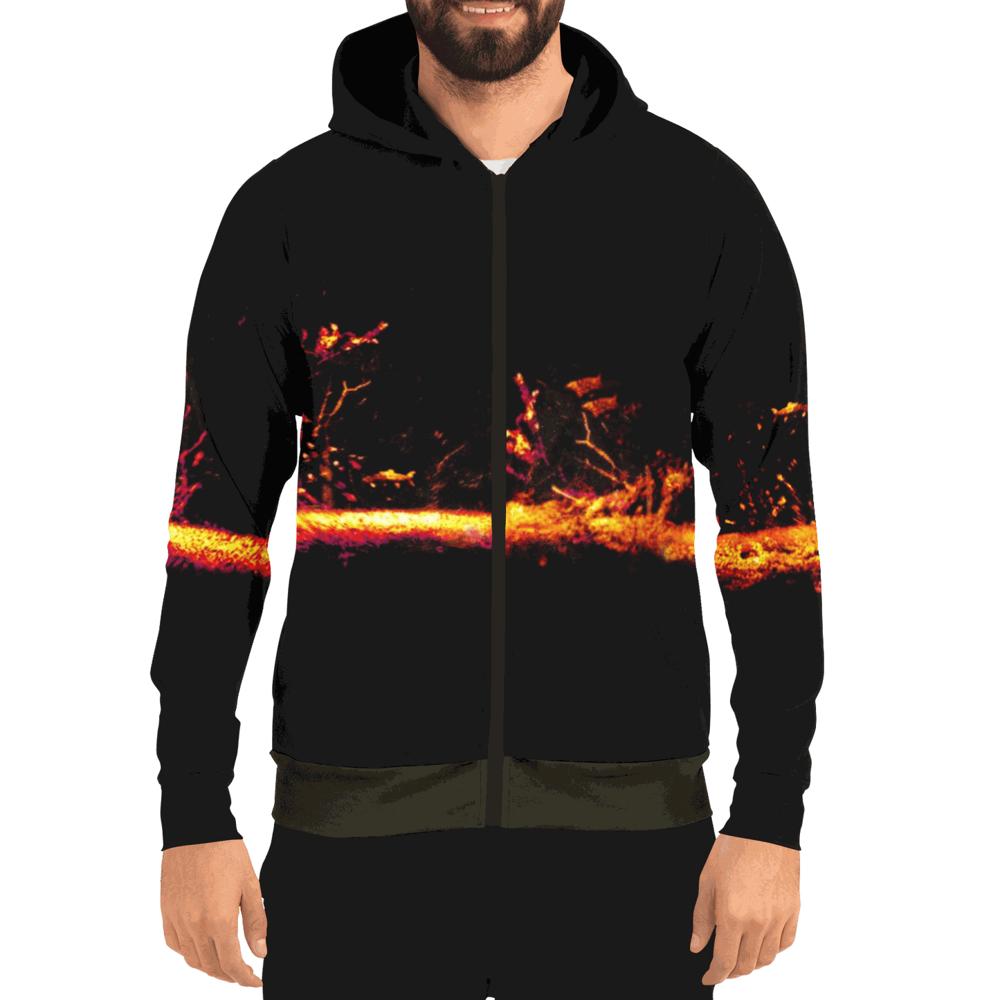 Front view of Sonar Live Zip-Up Hoodie with vibrant sonar screen pattern, front pocket, and drawstring hood.