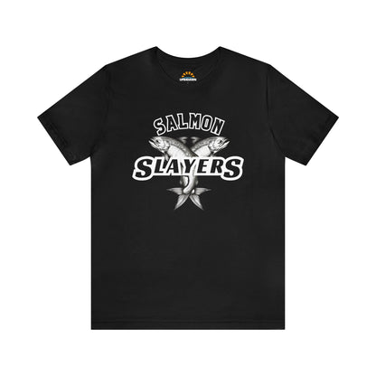 Unisex Slamon Slayer - Twin Salmon - T-shirt featuring a graphic with two crossed fish and the words "salmon slayers" in bold, stylized lettering, displayed on a plain background.