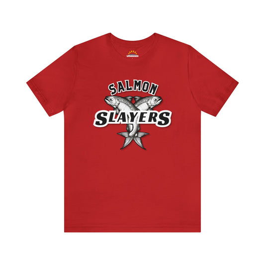 Unisex Slamon Slayer - Twin Salmon - T-shirt featuring a graphic with two crossed fish and the words "salmon slayers" in bold, stylized lettering, displayed on a plain background.