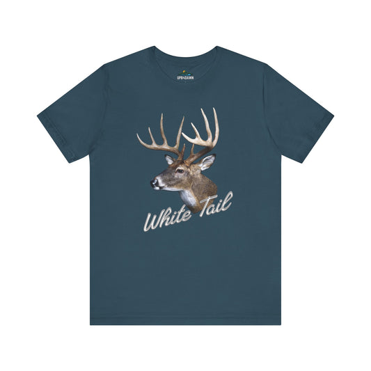White-Tail Deer Hunter's Tribute T-Shirt with a graphic of a white-tailed deer's head and antlers on the front, centered above the text "hunter's tribute" in white capital letters.