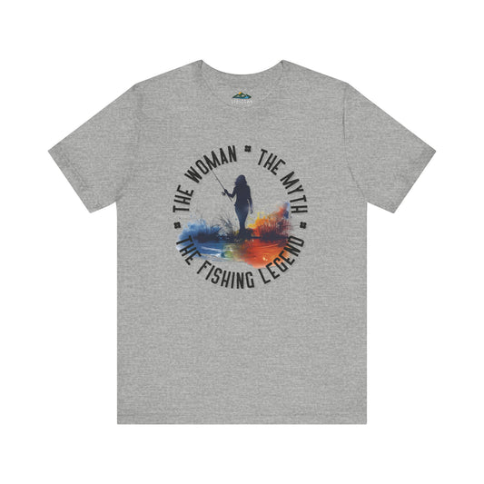 Unisex t-shirt featuring a design with the text "The Woman, The Myth, The Fishing Legend" encircling a silhouette of a female angler, set against a colorful, abstract watercolor - Kaleidoscope Cast - T-Shirt