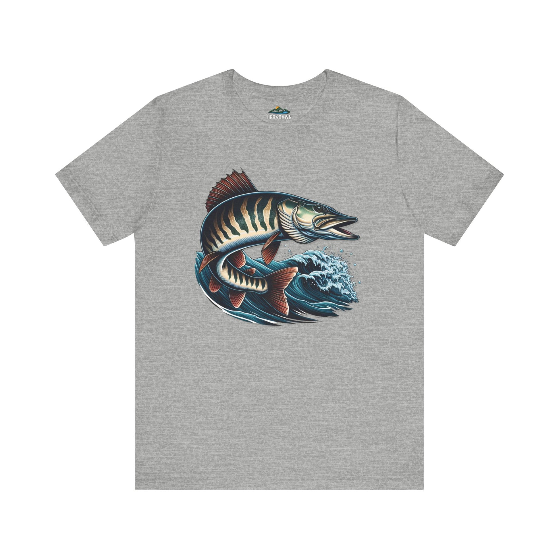 Musky Madness - T-Shirt featuring a vibrant graphic of a leaping muskellunge intertwined with blue waves, designed in a stylized, detailed art style.