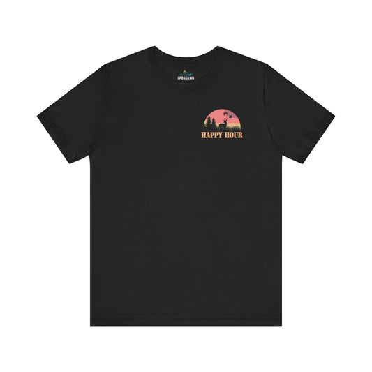 A My Favorite Time of Day is Shooting Light t-shirt with a small graphic on the left chest area featuring a pink cocktail glass and the phrase "dawn patrol" in a semicircle above it.
