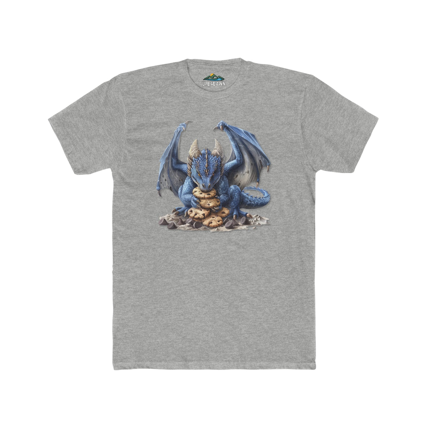 A Custom - Men's Cotton Crew Tee - Blue Dragon 1 with a graphic print of a blue dragon sitting atop a pile of gold and jewels. The shirt has a small green triangular logo at the top.