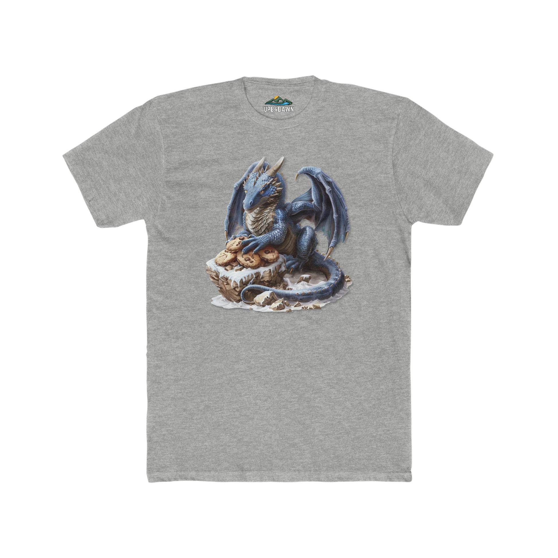 A black Men's Cotton Crew Tee - Blue Dragon 3 with a detailed high-quality print featuring a blue dragon perched atop rocks, displayed flat on a white background.