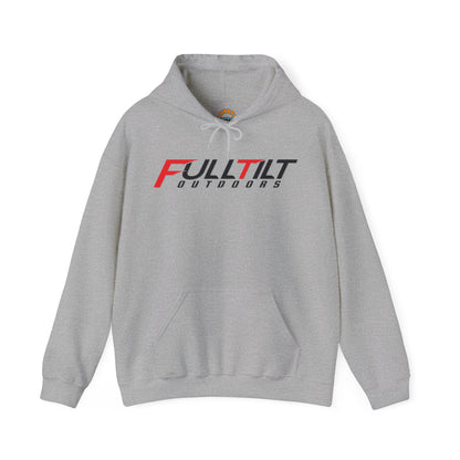 Gray Full Tilt Outdoors - Angry Eagle - Cotton/Poly Blend Hoodie with "fulltilt outdoors" printed in black and red letters on the front, featuring a drawstring hood and a plain back.