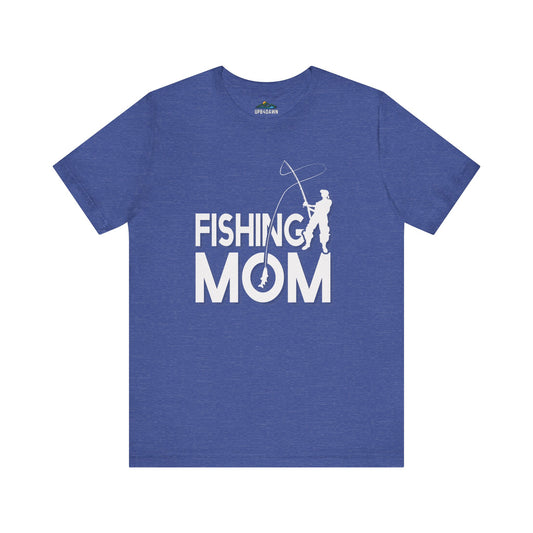 Unisex blue Fishing Mom - T-Shirt with the text "Fishing Mom" and a graphic of a woman fishing, depicted in a stylized white silhouette, on the front.