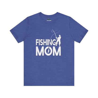 Unisex blue Fishing Mom - T-Shirt with the text "Fishing Mom" and a graphic of a woman fishing, depicted in a stylized white silhouette, on the front.
