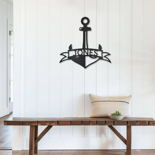 Customizable laser-cut steel anchor sign on white wall, nautical decor.