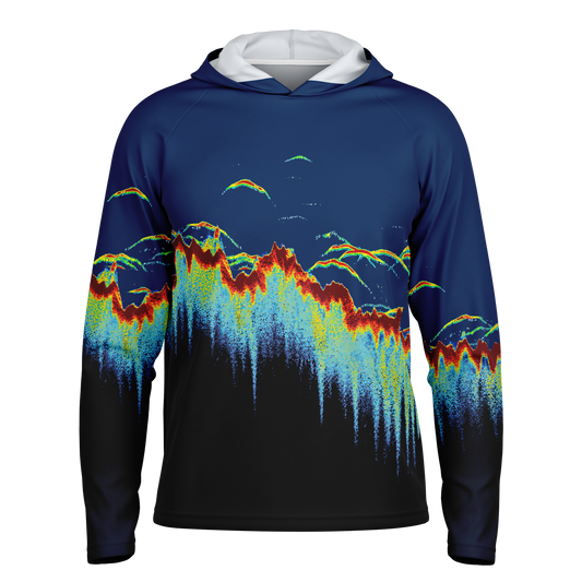 Angry Walleye - Sonar Scan Men's Long Sleeve Hooded Sun Protection Performance Shirt