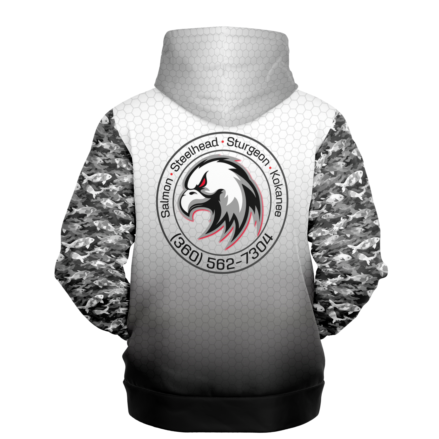 A digital rendering of a Full Tilt Outdoors - Angry Eagle - Tri-Blend Hoodie featuring a gray camo design with a hexagonal pattern on the lower half and the "full tilt boats" logo in red and black across the chest.
