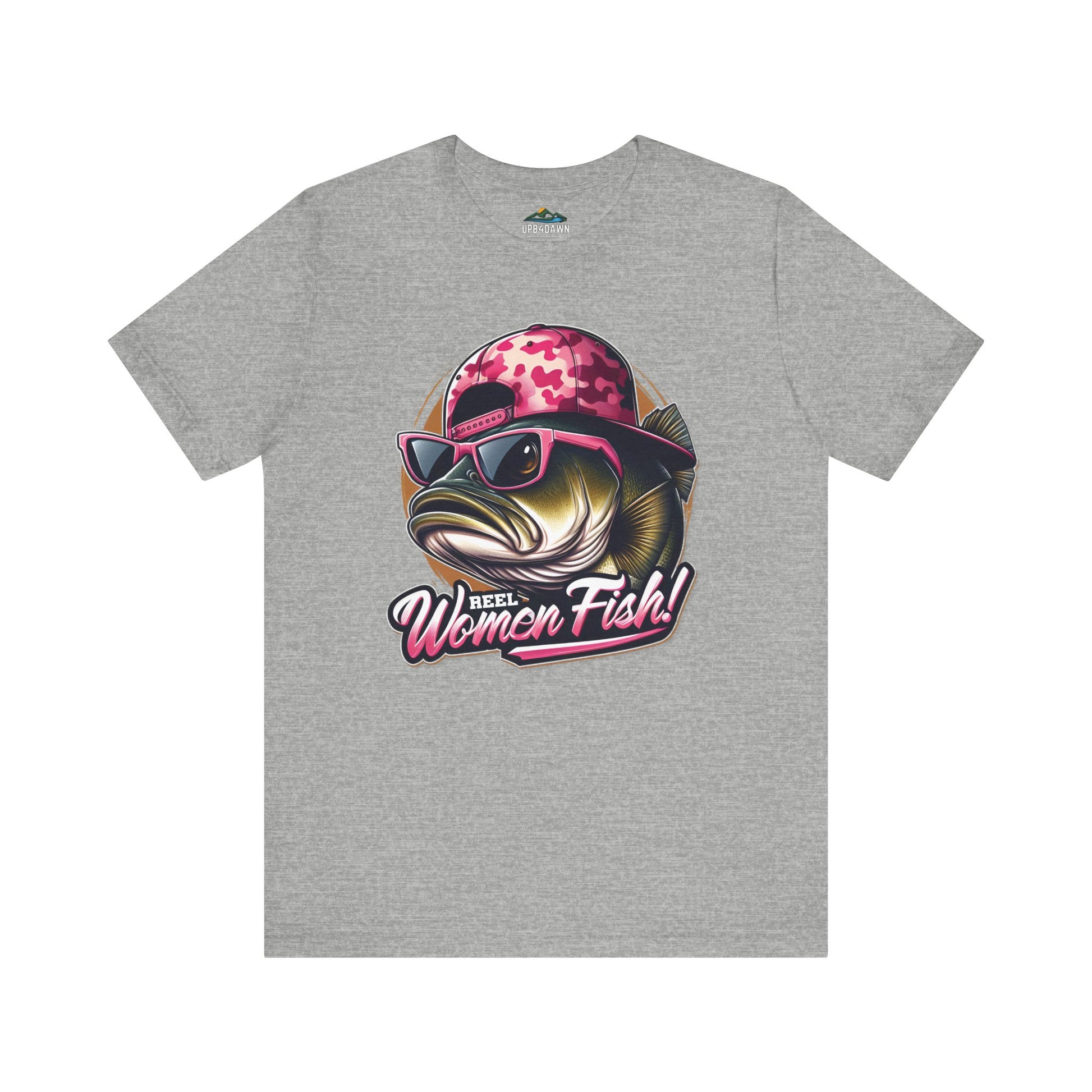 A grey t-shirt with a graphic of a stylized fish wearing sunglasses and a Bass Hat Attitude, above the words "reel women fishing!" in bold lettering.