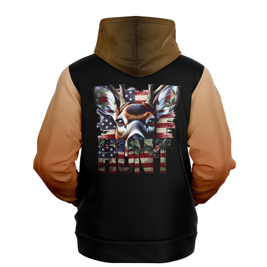 A Deer Hunting - Hunt - Tri-Blend Hoodie with a graphic print featuring an intense white-tail deer's face, surrounded by a faded American flag design and the word "hunt" in bold letters, viewed from the back