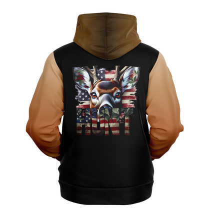 A Deer Hunting - Hunt - Tri-Blend Hoodie with a graphic print featuring an intense white-tail deer's face, surrounded by a faded American flag design and the word "hunt" in bold letters, viewed from the back