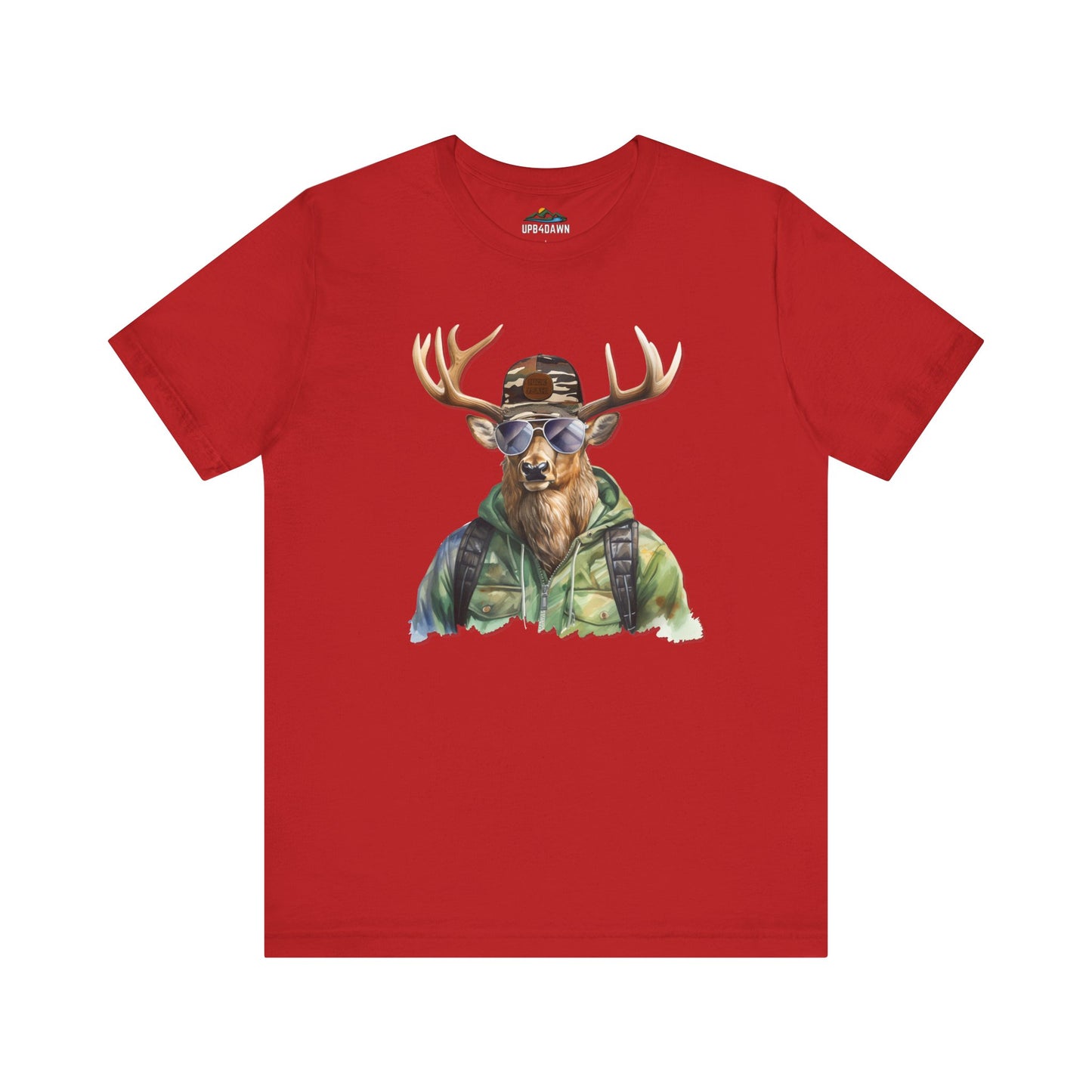 A Chill Hunter Big Buck - T-Shirt with a graphic print of a deer wearing a camouflage jacket and sunglasses, blending human and animal elements in an amusing hunter humor design.