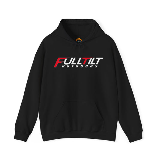 Full Tilt Outdoors - Angry Eagle - Cotton/Poly Blend Hoodie (Dark Colors) with a red and white "full tilt outdoors" logo across the chest, featuring a hood with drawstrings and a front pouch pocket.