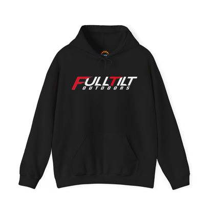 Full Tilt Outdoors - Angry Eagle - Cotton/Poly Blend Hoodie (Dark Colors) with a red and white "full tilt outdoors" logo across the chest, featuring a hood with drawstrings and a front pouch pocket.