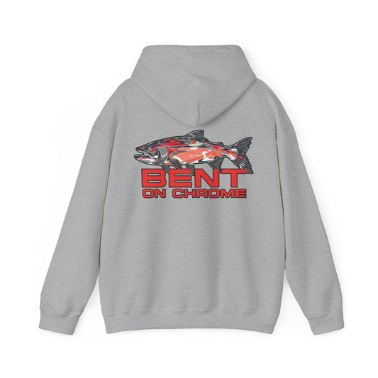 Back view of a gray Bent On Chrome - Red Salmon Logo - Cotton/Poly Blend Hoodie with a graphic design featuring a red and black fish and the text "Bent on Chrome" in red and white font.