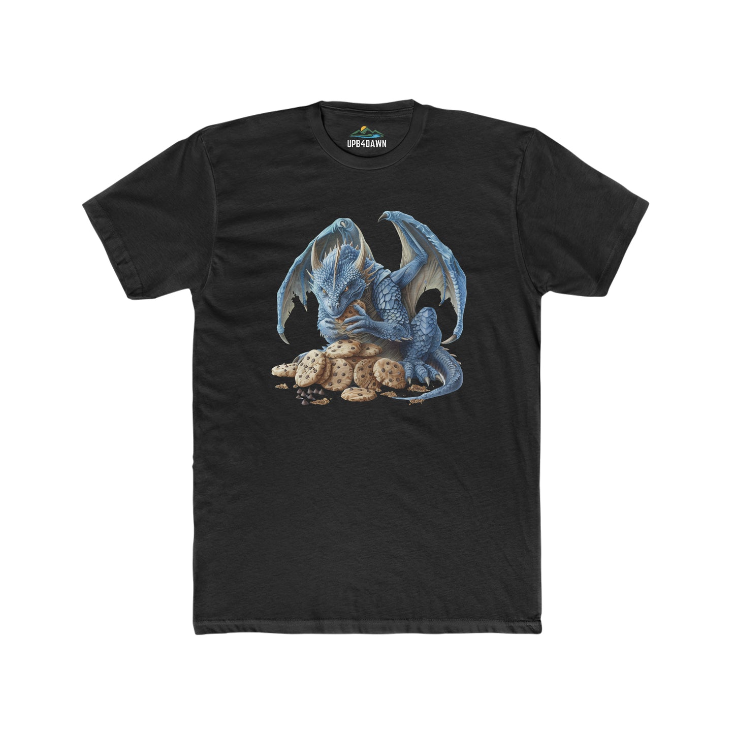 A Men's Cotton Crew Tee - Blue Dragon 2 showcasing a detailed high quality print of a blue dragon curled around a clutch of eggs, positioned in the center against a plain background.