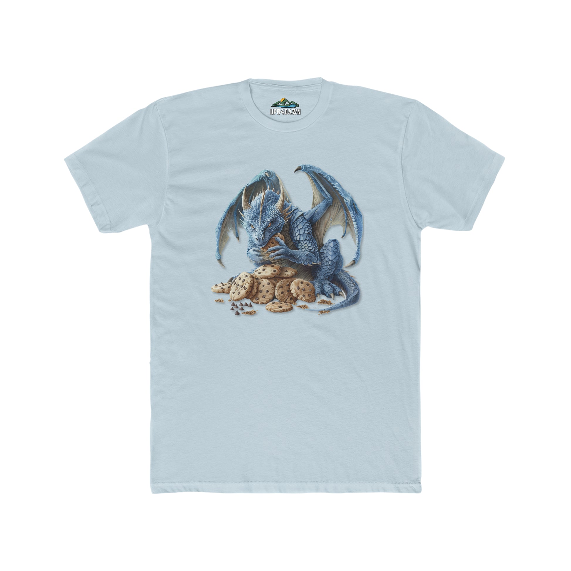 A Men's Cotton Crew Tee - Blue Dragon 2 showcasing a detailed high quality print of a blue dragon curled around a clutch of eggs, positioned in the center against a plain background.