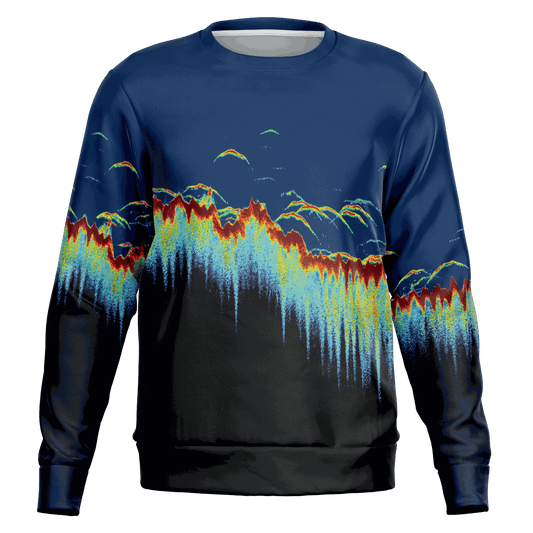 Sonar Scan Sweatshirt with vibrant sonar screen pattern on a tri-blend fabric.