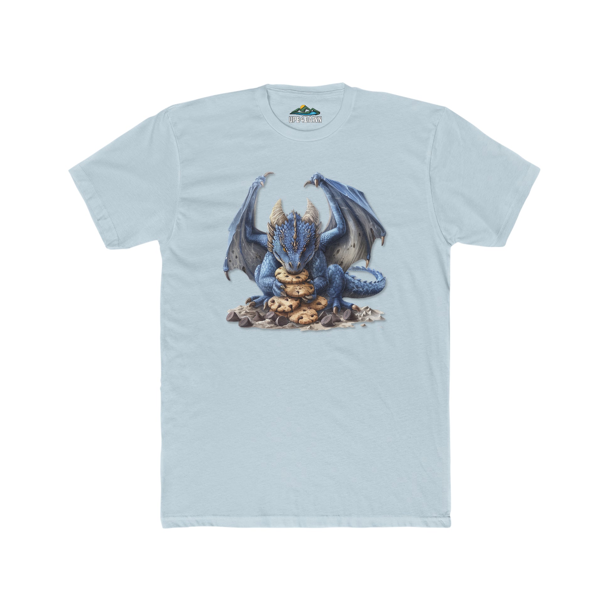 A Custom - Men's Cotton Crew Tee - Blue Dragon 1 with a graphic print of a blue dragon sitting atop a pile of gold and jewels. The shirt has a small green triangular logo at the top.