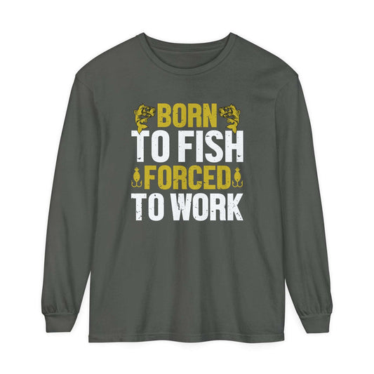 A black long-sleeve Born to Fish, Forced to Work cotton t-shirt with the text "born to fish, forced to work" printed in bold yellow and white letters, flanked by fishing hook graphics.