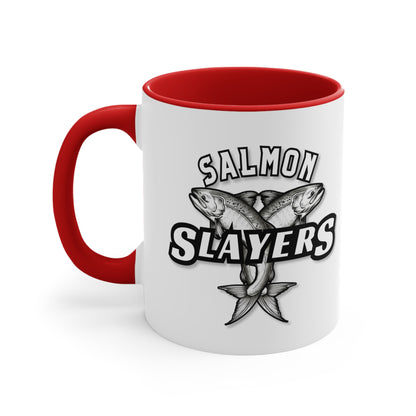 Salmon Slayers - Accent Coffee Mug, 11oz with a colored interior and handle, featuring a black and white illustration of two crossed salmons and the text "salmon slayers" on its side.