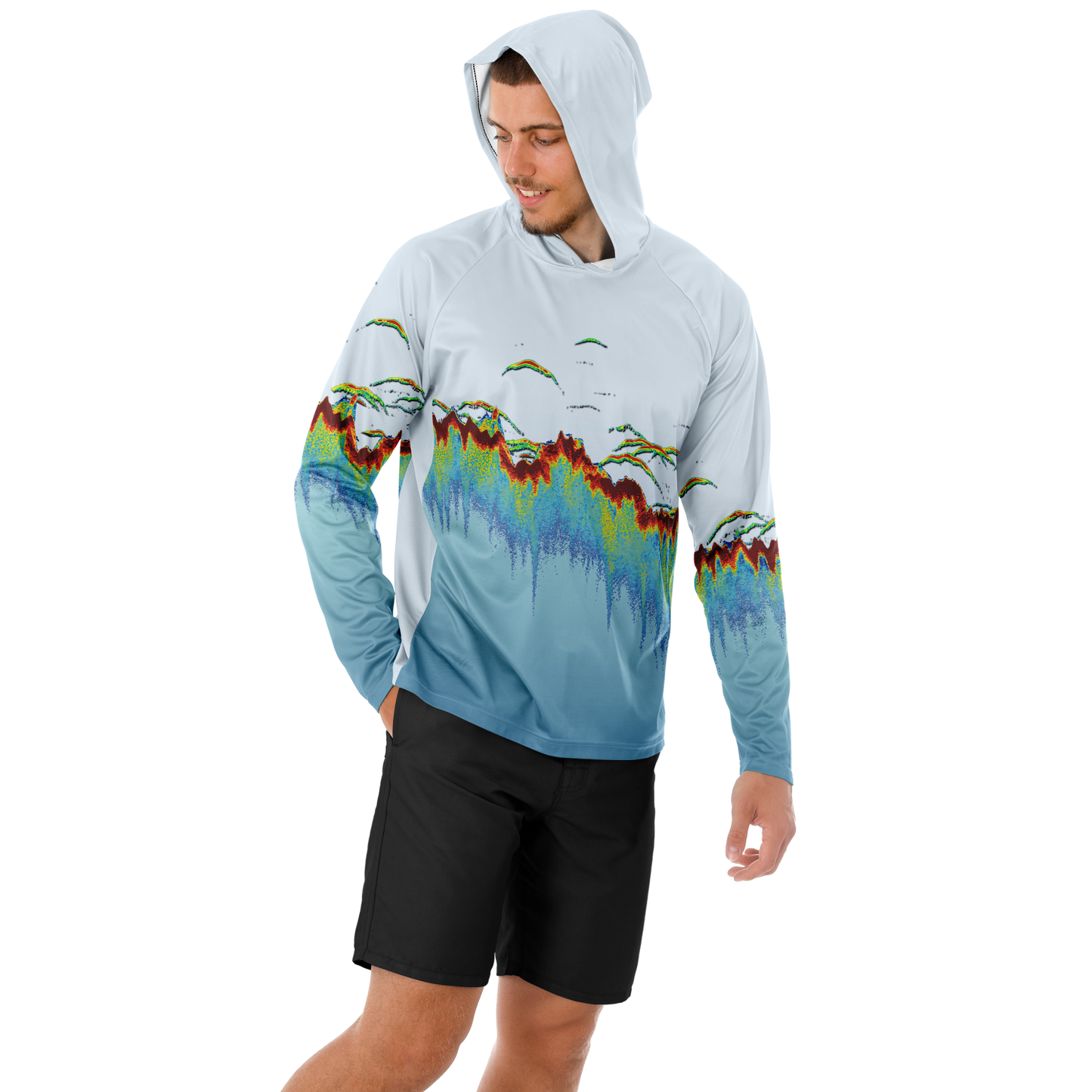 Angry Walleye - Men's Sonar Scan Light Blue LS Hooded Sun Protection Performance Shirt