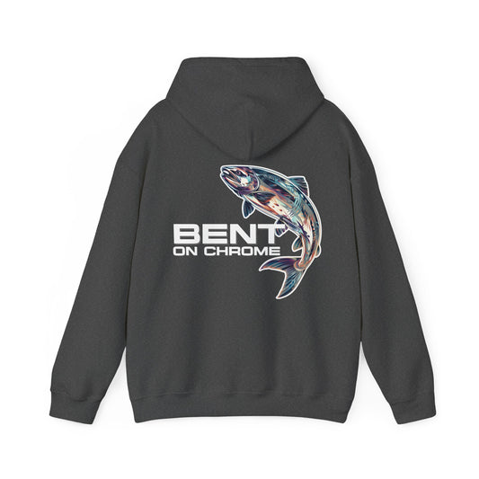 A Bent On Chrome - Silver Salmon - Cotton/Poly Blend Hoodie featuring a colorful graphic of a fish, with the text "Bent On Chrome" underneath, displayed on a white background.