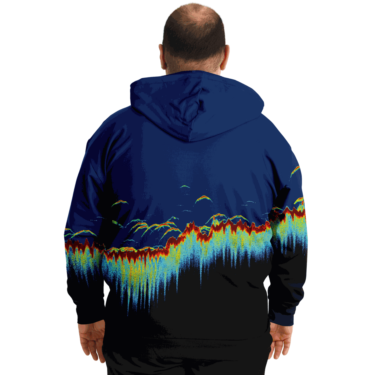 Plus-size hoodie with vibrant sonar screen pattern and blue tones, Sonar Scan design.