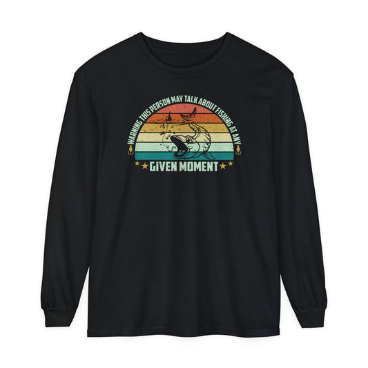 Long-sleeve black t-shirt featuring a retro graphic of a cat and a UFO with the text "Warning This Person May Talk About Fishing at Any Given Moment".