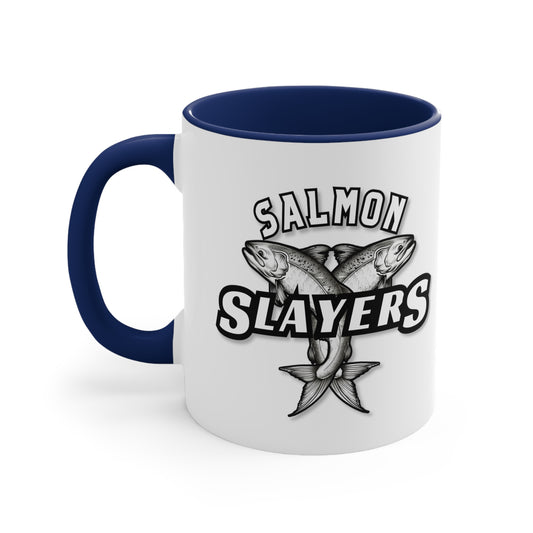 Salmon Slayers - Accent Coffee Mug, 11oz with a colored interior and handle, featuring a black and white illustration of two crossed salmons and the text "salmon slayers" on its side.