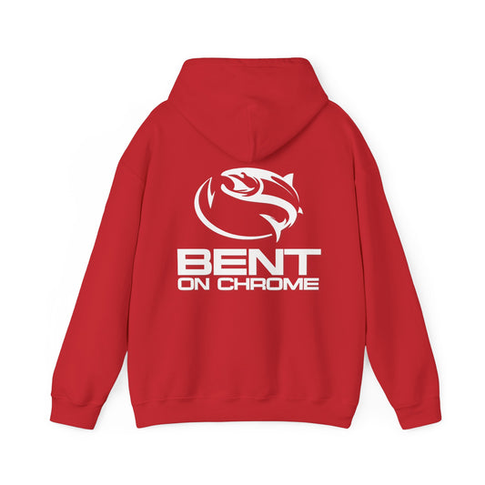Bent On Chrome hoodie featuring a graphic of a stylized fish above the "Bent on Chrome" text printed on the back. The hoodie's overall design is simple and sporty, embodying an ang