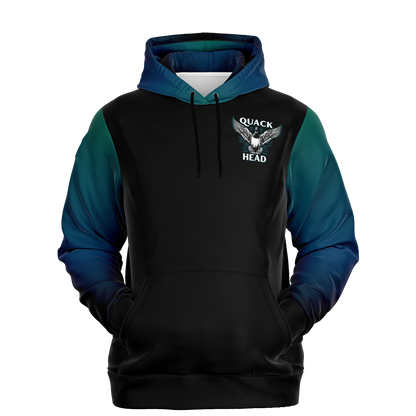 A Duck Hunting - Hunt -Tri-Blend Hoodie with a realistic eagle face on the back, above the word "hunt" printed with an American flag design inside the letters, set against a black background. The hoodie has a blue.