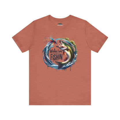 A terracotta-colored unisex Wishin' I was Fishin' - T-Shirt featuring a colorful graphic with bass fish and aquatic elements encircled by a rope.