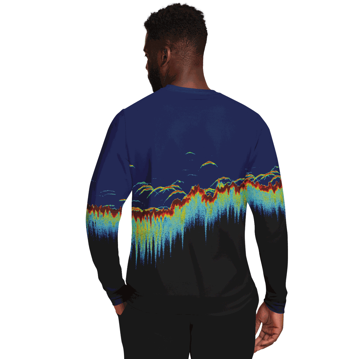 Sonar Scan Sweatshirt with vibrant sonar screen pattern and tri-blend fabric, ideal for fishing.