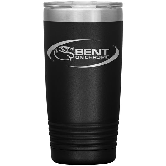A tall black stainless steel Bent on Chrome - Broken Oval Logo - Laser Etched Tumbler 20 oz with a stainless steel rim at the top. It features a white logo that reads "Bent On Chrome" with a stylized design of a fish jumping over