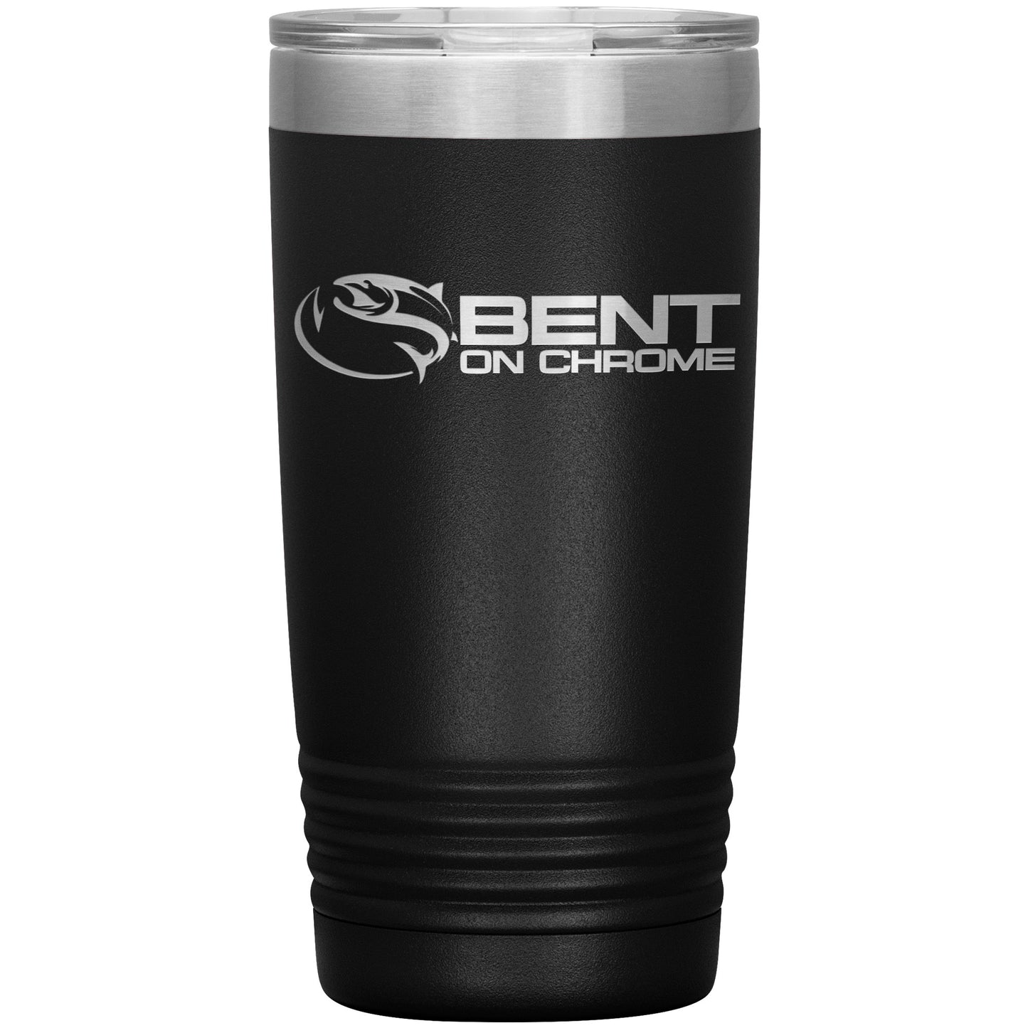 A red insulated stainless steel Bent on Chrome - Classic Logo - Laser Etched tumbler with a stainless steel rim and a logo that reads "Bent On Chrome," featuring a stylized fish design, perfect for fishing enthusiasts.