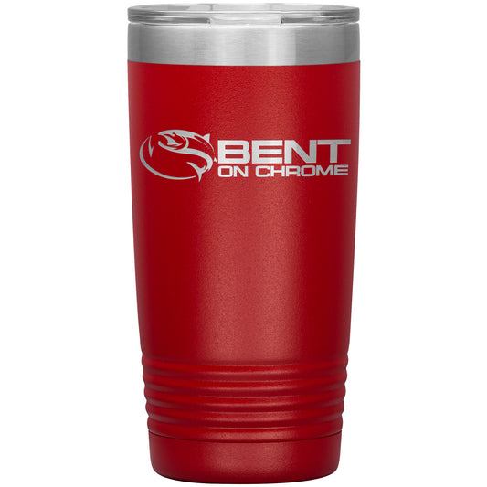 A red insulated stainless steel Bent on Chrome - Classic Logo - Laser Etched tumbler with a stainless steel rim and a logo that reads "Bent On Chrome," featuring a stylized fish design, perfect for fishing enthusiasts.
