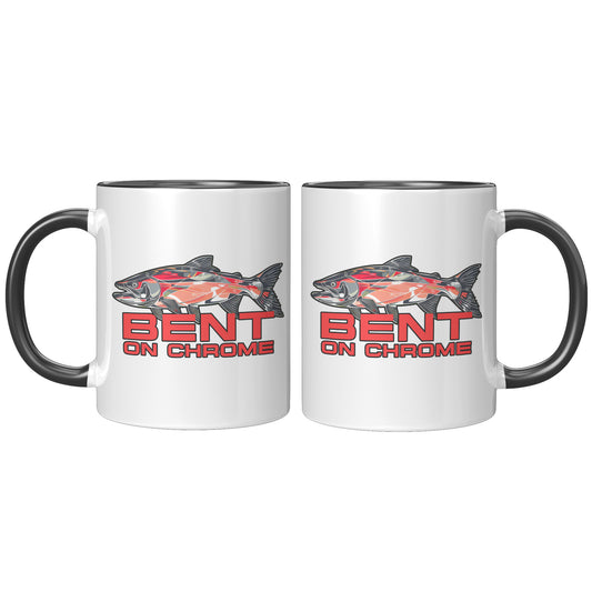 Two white Bent on Chrome - Red Salmon accent mugs with black handles, featuring a graphic of a red fish and the text "bent on chrome" in bold letters. The mugs are identical, have a high gloss finish.