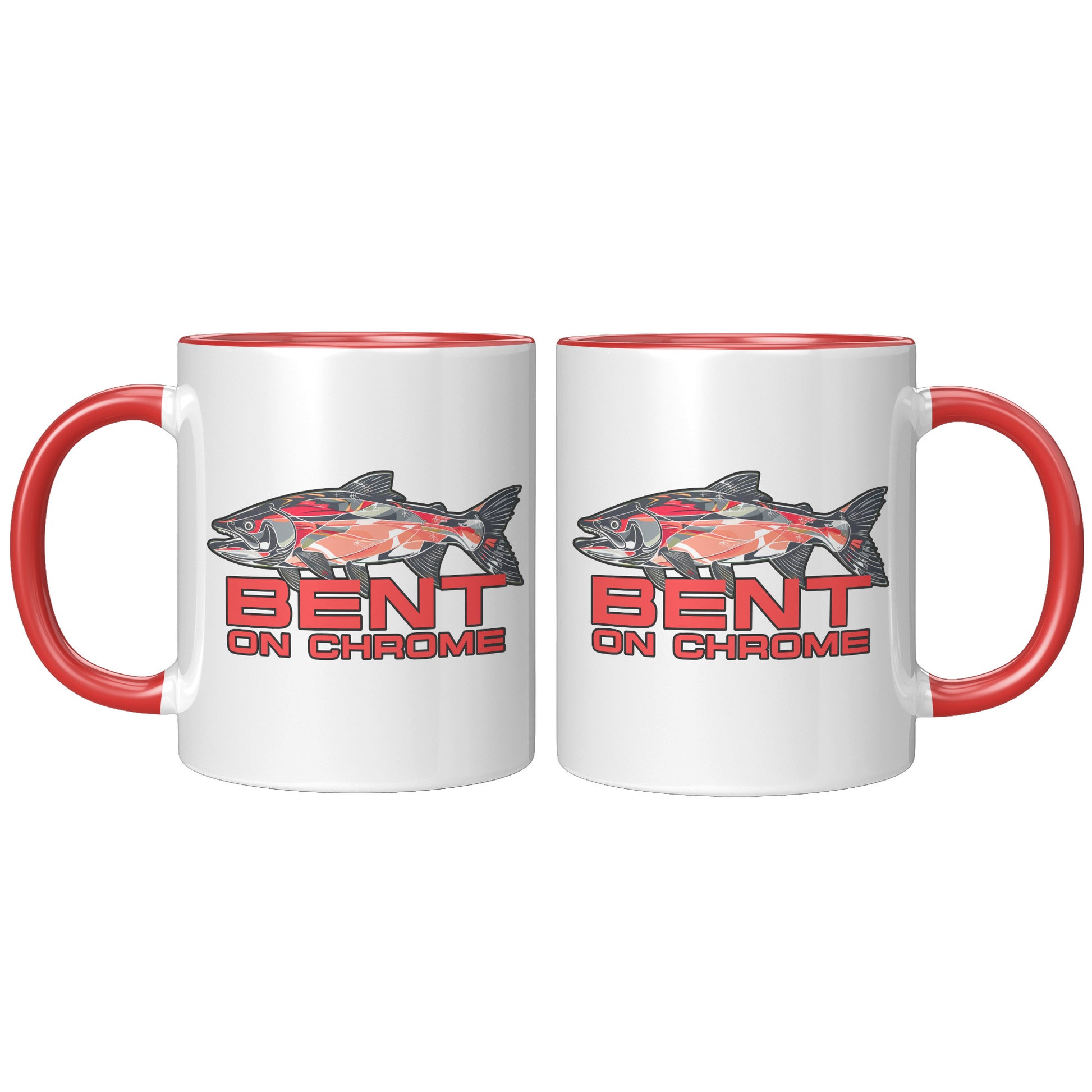 Two white Bent on Chrome - Red Salmon accent mugs with black handles, featuring a graphic of a red fish and the text "bent on chrome" in bold letters. The mugs are identical, have a high gloss finish.